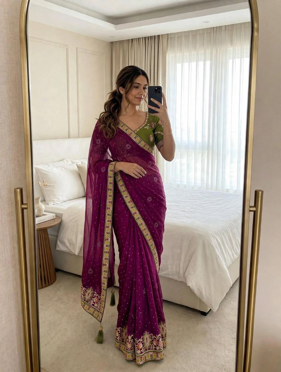 Satin Chiffon Saree with Multi Coding Embroidery & Diamond Work