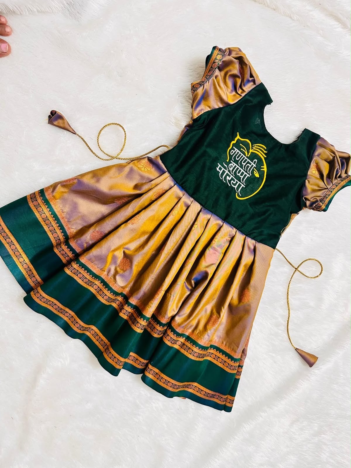 Traditional Green & Gold Ganpati Frock for Girls
