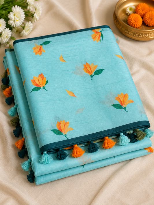Aqua Blossom Floral Saree