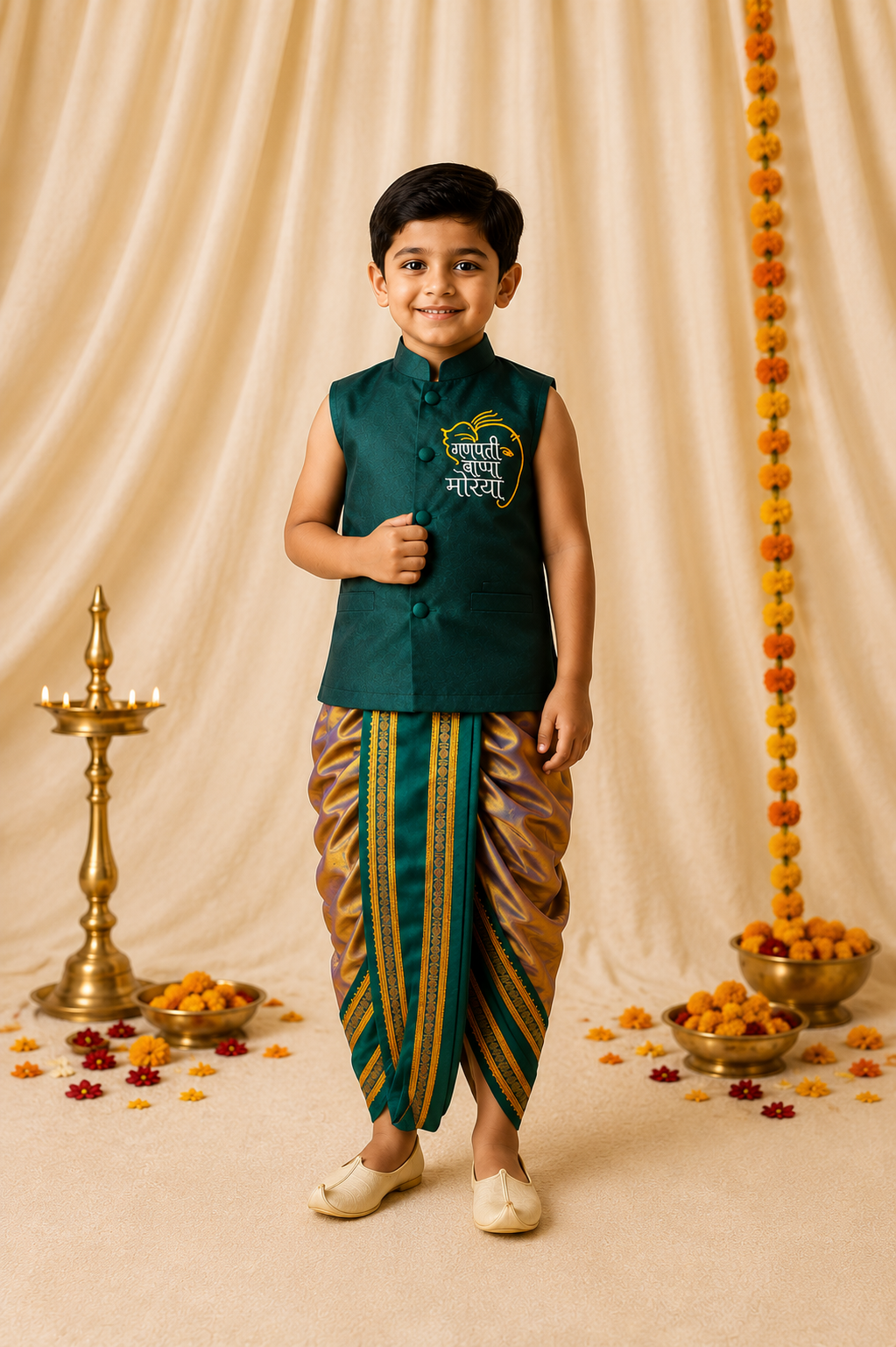 Purple Ganesh Dhoti Set for Boys | Silk Blend Dhoti Kurta with Nehru Jacket