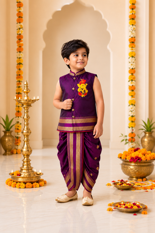 Purple Ganesh Dhoti Set for Boys | Silk Blend Dhoti Kurta with Nehru Jacket