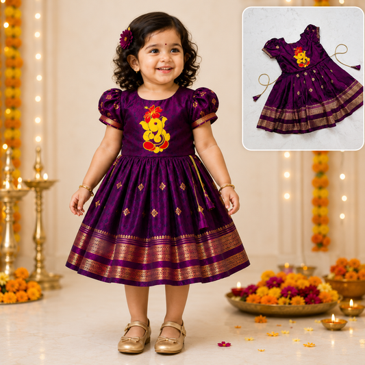 Traditional Green & Gold Ganpati Frock for Girls