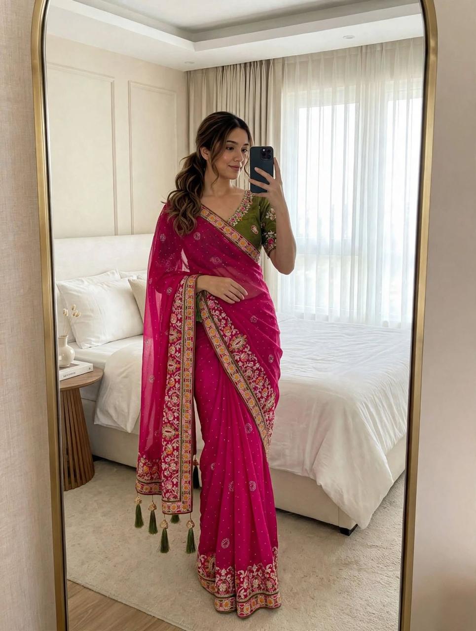 Satin Chiffon Saree with Multi Coding Embroidery & Diamond Work