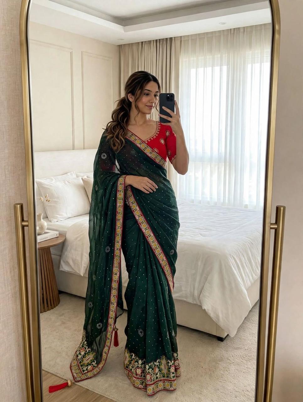 Satin Chiffon Saree with Multi Coding Embroidery & Diamond Work