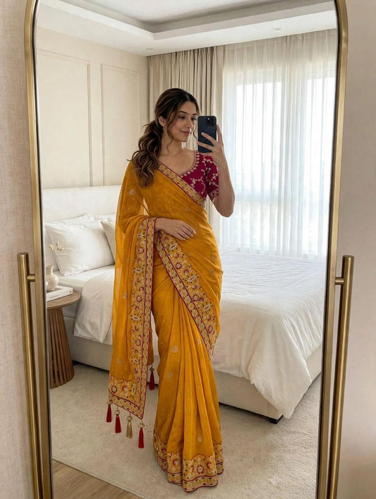 Satin Chiffon Saree with Multi Coding Embroidery & Diamond Work