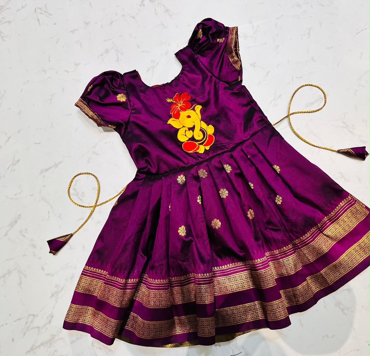 Traditional Green & Gold Ganpati Frock for Girls