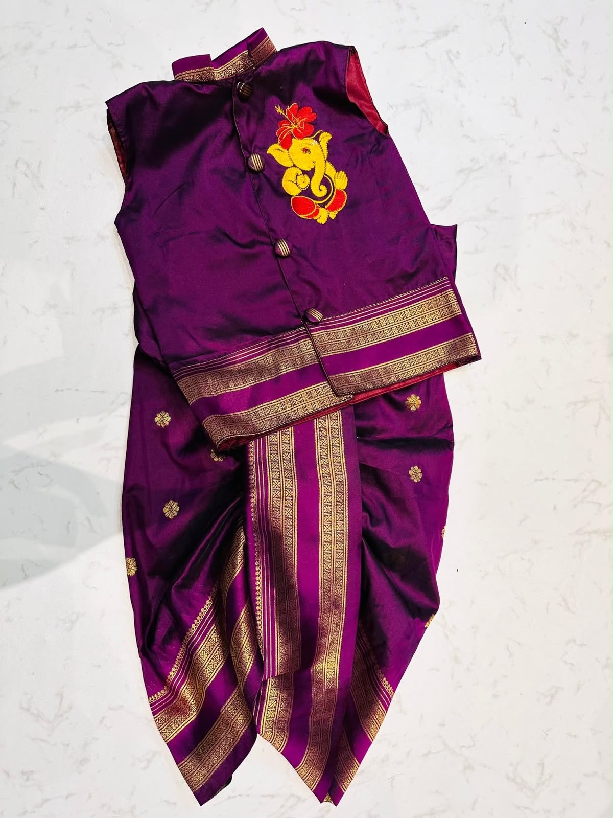 Purple Ganesh Dhoti Set for Boys | Silk Blend Dhoti Kurta with Nehru Jacket