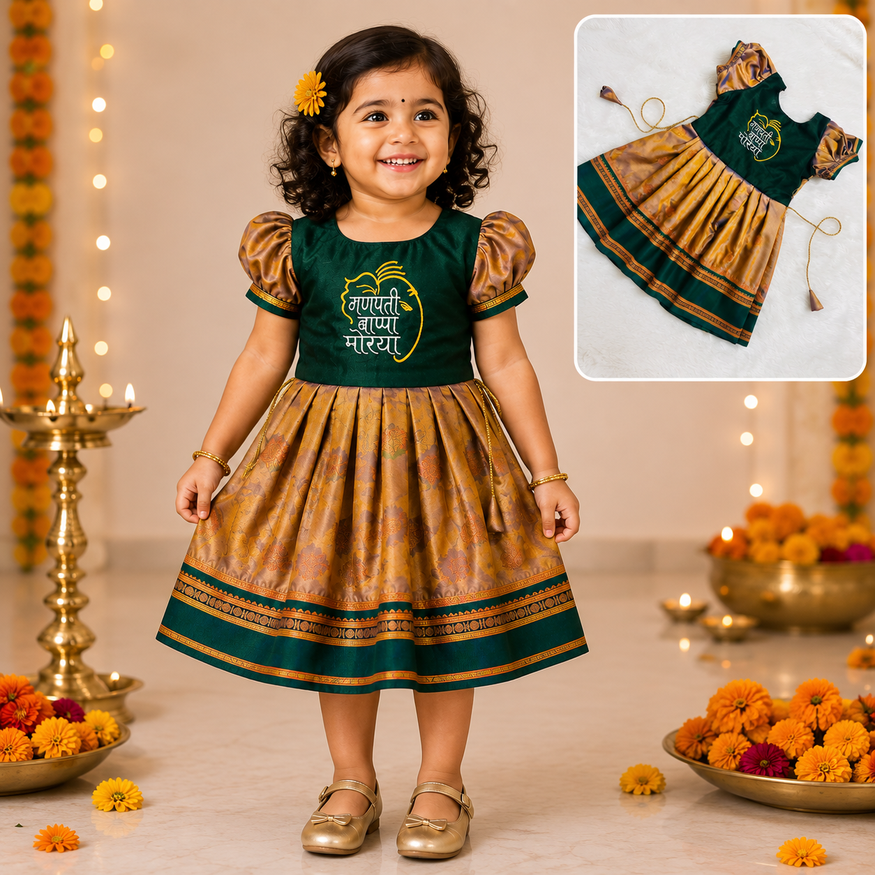 Traditional Green & Gold Ganpati Frock for Girls